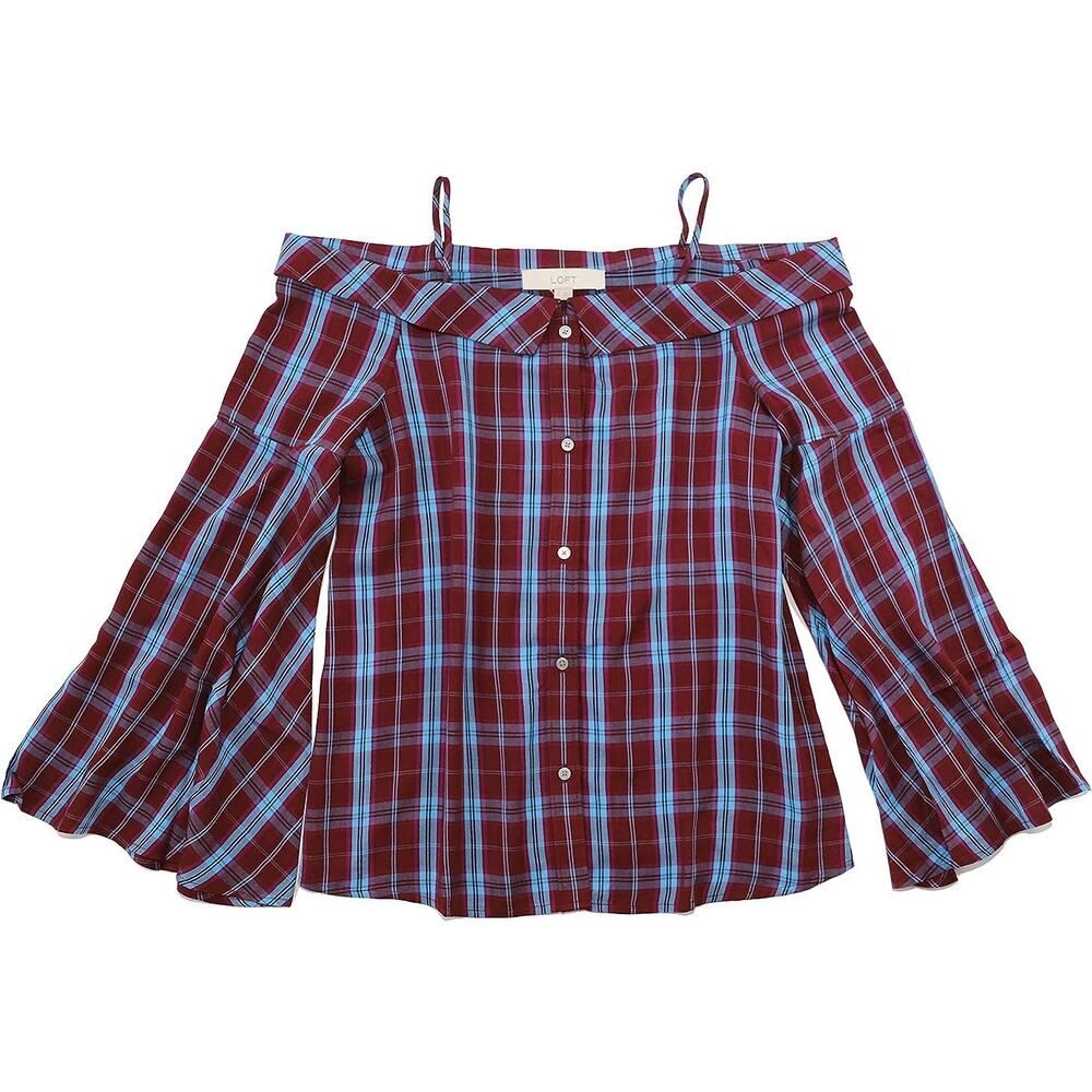 Ann Taylor LOFT womans Plaid Off-Shoulder Bell Sleeve Button Down Blouse Size  S